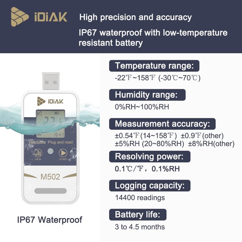 IDIAK M502 Temperature Data Logger USB Temp/Humidity Recorder with PDF and Excel (Reusable) Refrigerator Thermometer 14400 Points High Accuracy (no delay - 5 Pack) - Image 4